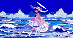Rule 34 | 1girl, artdroiiid ii, blue sky, blue theme, cardigan, cloud, commentary, day, diffraction spikes, dress, english commentary, floating clothes, floating hair, flower, green eyes, hat, hat flower, highres, hole in chest, hole on body, long hair, looking at viewer, ocean, open cardigan, open clothes, open mouth, original, outdoors, pink cardigan, reaching, reaching towards viewer, red flower, red rose, rose, sky, smile, standing, sun hat, sunlight, turning head, wading, waves, white dress, white hat, wind, wispy bangs