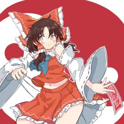 Rule 34 | 1girl, ascot, between fingers, blue ascot, blush, bow, brown eyes, brown hair, closed mouth, commentary request, detached sleeves, frilled bow, frilled hair tubes, frilled skirt, frills, hair bow, hair tubes, hakurei reimu, highres, holding, long hair, looking at viewer, midriff peek, navel, needle, ofuda, ofuda between fingers, red bow, red skirt, ribbon-trimmed sleeves, ribbon trim, skirt, skirt set, solo, tatutaniyuuto, throwing needles, touhou, yin yang