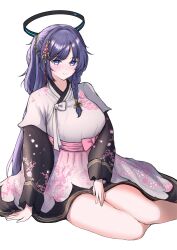 1girl alternate_costume black_halo blue_archive blue_eyes blush braid breasts closed_mouth dress e20_(79324944) feet_out_of_frame hair_ornament halo hanbok highres korean_clothes long_hair long_sleeves looking_at_viewer mechanical_halo medium_breasts purple_hair simple_background single_braid sitting smile solo very_long_hair white_background white_hanbok yuuka_(blue_archive)