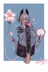 1girl ^_^ aaa_shenmi_zuo_fan_ren arknights black_gloves blue_background border character_name chinese_commentary closed_eyes commentary_request covered_mouth cropped_legs dark-skinned_female dark_skin disco_ball extra_arms facing_viewer flower_symbol gloves grey_hair grey_jacket harmonica highres holding holding_instrument holding_maracas instrument jacket long_sleeves maracas outside_border pink_gloves raidian_(arknights) short_hair simple_background solo sparkle standing white_border