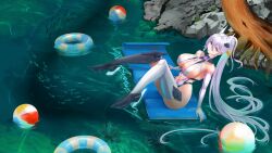 Rule 34 | 1girl, absurdly long hair, absurdres, alternate costume, artknight045, asymmetrical footwear, asymmetrical legwear, azur lane, ball, beachball, blue innertube, boots, breasts, center opening, cleavage, commentary, elbow gloves, english commentary, fish, from above, gloves, hair between eyes, headgear, highres, impossible clothes, impossible swimsuit, kearsarge (azur lane), knee boots, large breasts, long hair, looking at viewer, navel, one-piece swimsuit, outdoors, purple eyes, rock, school of fish, single knee boot, single thighhigh, sitting, solo, swimsuit, thighhighs, tree, very long hair, water, white gloves, white hair, white innertube, white one-piece swimsuit, white thighhighs