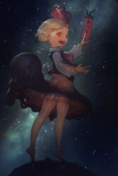 +_+ 1girl ass barefoot blonde_hair creature full_body highres looking_at_viewer open_mouth pointy_ears red_eyes rumia see-through_clothes short_hair skirt sky smile solo star_(sky) starry_sky teeth touhou yst