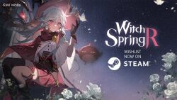 Rule 34 | 1girl, black gloves, black jack (witch springs), bug, butter, butterfly, cape, flower, food, gloves, hat, insect, long hair, mage staff, official art, pieberry (witch springs), pleated skirt, promotional art, red eyes, skirt, sky, star (sky), starry sky, thighhighs, very long ears, white butterfly, white flower, white hair, witch hat, witch springs