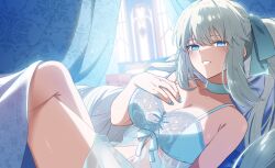 1girl absurdres bare_shoulders blue_bra blue_eyes blurry blurry_background bra breasts cleavage commentary_request commission fate/grand_order fate_(series) grey_hair highres indoors kpaoi large_breasts long_hair morgan_le_fay_(fate) on_bed skeb_commission solo twintails underwear