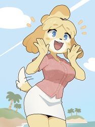 :d animal_crossing animal_crossing:_new_leaf blonde_hair blue_eyes blue_sky blush_stickers breasts cloud collared_shirt cowboy_shot dog_girl dog_tail dress_shirt fruithead hands_up highres isabelle_(animal_crossing) island legs_together medium_breasts miniskirt nintendo open_mouth outline pencil_skirt pink_shirt print_shirt shirt short_sleeves skirt sky smile standing tail tail_wagging teeth topknot upper_teeth_only water white_outline white_skirt