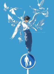 1boy animal barefoot bird black_hair blue_pants blue_sky collared_shirt day feathered_wings highres male_focus midair original outdoors pants rido_(ridograph) road_sign shirt shirt_tucked_in short_hair sign sky solo white_shirt white_wings wings