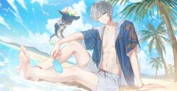 1boy abs absurdres beach bird blue_eyes blue_jacket cloud collarbone commentary commission creature dragon_print earrings english_commentary feet food grey_hair hand_on_ground highres holding holding_food holding_popsicle hood hood_down hooded_jacket jacket jewelry knee_up looking_at_viewer male_focus navel ocean one_eye_closed open_clothes open_jacket palm_tree parted_lips popsicle regeant sand seagull second-party_source short_hair short_sleeves shorts sitting sky smile spe_(speport) textless_version tree virtual_youtuber white_shorts wide_sleeves yukimaru_(regeant)