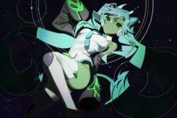1girl absurdly_long_hair animal_ears antennae aqua_hair aqua_necktie bare_shoulders breasts cat_ears detached_sleeves fake_animal_ears glorpi_miku_(dyarikku) green_eyes green_skirt hatsune_miku highres impossible_clothes long_hair looking_at_viewer necktie raneblu shirt skirt sleeveless sleeveless_shirt small_breasts solo thighhighs twintails very_long_hair vocaloid white_shirt white_thighhighs