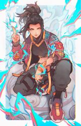 1girl alternate_costume avatar:_the_last_airbender avatar_legends azula black_hair black_pants blue_fire border fire full_body hair_bun hammling highres jacket long_hair looking_at_viewer orange_jacket pants princess shoes short_hair single_hair_bun solo topknot white_border yellow_eyes