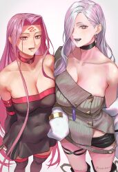2girls bare_shoulders black_dress black_shorts black_thighhighs blue_lips blush breasts choker cleavage collar collarbone covered_navel detached_sleeves dress earrings eyeliner facial_mark fate/grand_order fate_(series) forehead forehead_mark grey_dress hair_over_one_eye highres hoop_earrings jacket jewelry large_breasts long_hair long_sleeves looking_at_viewer makeup medusa_(fate) medusa_(rider)_(fate) multiple_girls off_shoulder mrs._snake_(fate) open_mouth parted_bangs purple_eyes purple_hair short_dress short_shorts shorts sidelocks sweater sweater_dress tassel thighhighs thighs tonko_from very_long_hair white_hair white_jacket yellow_eyes