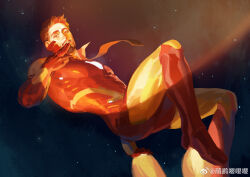 1boy absurdres arc_reactor armor black_sky brown_eyes brown_hair chinese_commentary commentary_request er_miao_ying_ying_ying facial_hair flying hand_up highres iron_man iron_man_(series) looking_at_viewer male_focus marvel multicolored_armor outdoors red_armor short_hair sky smile solo space star_(sky) starry_sky superhero_costume teeth tony_stark yellow_armor