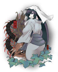 1girl 770mk ass bags_under_eyes bug centipede closed_mouth commentary_request cropped_legs from_behind grey_kimono half-closed_eyes headscarf japanese_clothes kimono leaf leech long_hair long_sleeves looking_at_viewer looking_back original purple_eyes purple_hair simple_background smile solo toad_(animal) translation_request white_background