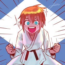 Rule 34 | 1girl, :d, alpharecdyt, blue eyes, dougi, emphasis lines, highres, ijiranaide nagatoro-san, karate gi, looking at viewer, open mouth, orange hair, orihara (nagatoro), smile, solo, spiked hair, tareme, teeth, upper teeth only