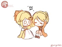 1boy 1girl :&gt; =_= ascot blush_stickers bow brother_and_sister brown_ascot brown_pants brown_vest chibi choker collared_jacket comforting dress evillious_nendaiki frilled_dress frills hair_ornament hairclip headpat high_ponytail jacket kagamine_len kagamine_rin long_sleeves o_o off-shoulder_dress off_shoulder on_floor orange_bow orange_choker orange_jacket pants petticoat ponytail shoes short_ponytail siblings sidelocks sitting smile sweatdrop swept_bangs twins updo ur1ryu vest wide_sleeves yellow_dress