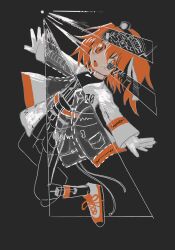 1girl a.i._voice adachi_rei android antik1_(antikytamine) full_body gloves grey_background hashtag-only_commentary highres jacket limited_palette long_sleeves looking_at_viewer medium_hair open_clothes open_jacket open_mouth orange_eyes orange_hair shoes simple_background solo utau white_gloves white_jacket white_shoes x-ray