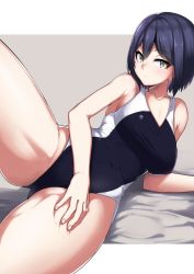 1girl arm_support bed_sheet black_one-piece_swimsuit bob_cut border breasts competition_swimsuit female_focus grey_background hand_on_own_thigh kaname_nagi large_breasts leg_up looking_to_the_side lying nijisanji on_side one-piece_swimsuit purple_hair shizuka_rin solo spread_legs swimsuit thighs virtual_youtuber white_border yellow_eyes