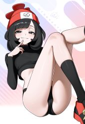 1girl absurdres artist_name beanie black_eyes black_hair black_panties black_socks black_sweater closed_mouth commentary hat highres long_sleeves looking_at_viewer midriff nintendo otokakoto panties pokemon pokemon_sm red_hat selene_(pokemon) short_hair sitting smile socks solo sweater underwear