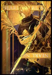 1boy absurdres animal_ear_fluff animal_ears arknights black_jacket blonde_hair closed_mouth collared_jacket commentary english_commentary english_text epaulettes gold_trim golden_sword goldriver grass hair_over_one_eye highres holding holding_sword holding_weapon horse_boy horse_ears horse_print jacket long_bangs looking_at_viewer looking_back male_focus mlynar_(arknights) parted_hair solo sword sword_print upper_body weapon wheat yellow_eyes yellow_theme