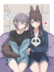 2girls animal_ears bang_dream! bang_dream!_it&#039;s_mygo!!!!! black_shirt blue_jacket blue_shirt blue_shorts blush brown_hair closed_eyes closed_mouth commentary_request grey_hair heart highres jacket kemonomimi_mode long_hair long_sleeves mole mole_under_eye multiple_girls nanami_(nunnun_0410) pajamas purple_eyes shiina_taki shirt short_hair shorts sitting spoken_heart stuffed_animal stuffed_panda stuffed_toy tail takamatsu_tomori wolf_ears wolf_girl wolf_tail zzz