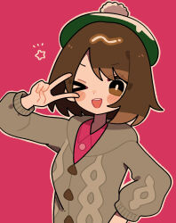 Rule 34 | &gt; o, 1girl, ;d, absurdres, blush stickers, brown hair, cardigan, collared dress, commentary request, dress, gloria (pokemon), green hat, grey cardigan, hand up, happy, hat, highres, hood, hood down, hooded cardigan, medium hair, nintendo, okayu (cwtv7823), one eye closed, open mouth, outline, pink background, pink dress, pokemon, pokemon swsh, smile, solo, star (symbol), tam o&#039; shanter, teeth, upper body, upper teeth only