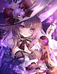 1girl bow breasts brown_hair commentary_request dress flower fork hat hat_flower herta_(honkai:_star_rail) highres holding holding_fork honkai:_star_rail honkai_(series) komorihikki long_hair long_sleeves looking_at_viewer multiple_girls purple_eyes purple_flower sensitive smile the_herta_(honkai:_star_rail) witch_hat