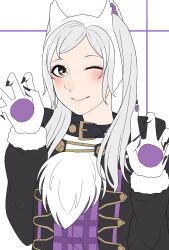 1girl animal_ears ao_saryaruhu brown_eyes claw_pose clenched_hands coat collar eyelashes fake_animal_ears female_focus fire_emblem fire_emblem_awakening fire_emblem_heroes hair_through_headwear hands_up happy highres light_blush long_hair long_sleeves looking_at_viewer neck nintendo official_alternate_costume one_eye_closed robin_(female)_(fire_emblem) robin_(female)_(halloween)_(fire_emblem) robin_(fire_emblem) sidelocks smile swept_bangs twintails upper_body white_background white_hair wink wolf_ears wolf_paws