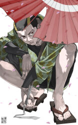 1boy absurdres buzz_cut commentary dandadan delinquent ear_piercing earrings eyebrow_piercing facial_hair geta highres jewelry looking_at_viewer male_focus oil-paper_umbrella pakupaku_keema piercing red_umbrella sandals short_hair slav_squatting squatting umbrella unji_zuma very_short_hair