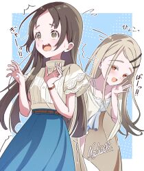 2girls :d absurdres blonde_hair blue_background blue_shorts blue_skirt blush border bracelet brown_eyes brown_hair camisole collarbone commentary_request cowboy_shot denim denim_shorts dress_shirt earrings gakuen_idolmaster hair_ornament hairpin highres idolmaster jacket jewelry kuramoto_china long_hair long_sleeves looking_at_another multiple_girls open_clothes open_jacket open_mouth orange_eyes outside_border parted_bangs shinosawa_hiro shirt short_shorts short_sleeves shorts sidelocks signature skirt smile surprised sweat swept_bangs teeth translation_request upper_teeth_only vtitalianlion46 white_border white_camisole white_shirt wide_sleeves
