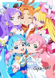 Rule 34 | 1boy, 4girls, ahoge, aqua eyes, ascot, blonde hair, blue eyes, blue hair, border, bow, braid, brooch, cure butterfly, cure majesty, cure prism, cure sky, cure wing, detached sleeves, dress, elbow gloves, ellee-chan, fingerless gloves, gloves, green eyes, grin, gya-tei, hair bow, hair ornament, half up braid, heart, heart brooch, heart hands, heart hands duo, highres, hijiri ageha, hirogaru sky! precure, hug, jewelry, long hair, magical boy, magical girl, multicolored hair, multiple girls, nijigaoka mashiro, one eye closed, open mouth, orange eyes, orange hair, pink hair, precure, purple eyes, purple hair, simple background, sleeveless, sleeveless dress, smile, sora harewataru, teeth, twintails, two-tone hair, two side up, white dress, white gloves, wing hair ornament, yuunagi tsubasa