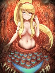 1girl arachne arthropod_girl blank_eyes blonde_hair blue_visor breasts canadiananiguy centauroid chaos_witch_quelaag colored_sclera commentary crossover dark_souls_(series) dark_souls_i english_commentary evil_smile extra_eyes extra_faces extra_mouth fangs fingernails fire fusion hair_between_eyes hair_censor hair_over_breasts high_ponytail highres holding holding_sword holding_weapon insect_girl long_fingernails long_hair metroid mole mole_under_mouth monster monster_girl navel nintendo no_pupils orange_eyes orange_sclera ponytail red_nails sa-x samus_aran sharp_teeth sidelocks smile solo spider_girl spikes sword taur teeth topless_female twitter_username very_long_fingernails visor_(armor) weapon x_parasite