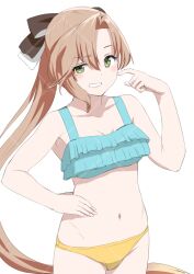1girl 30-06 akigumo_(kancolle) bikini blush brown_hair collarbone finger_to_cheek green_eyes hair_ribbon highres kantai_collection long_hair looking_at_viewer mismatched_bikini mole mole_under_eye navel ponytail ribbon smile swimsuit teeth white_background