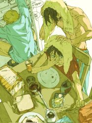 Rule 34 | 3boys, abs, arm up, black hair, black male underwear, blonde hair, blue pants, blue shirt, bread, bread slice, breakfast, brothers, butter, coffee, coffee mug, commentary request, covered eyes, cup, drink, eating, food, food on face, glass, hair over eyes, hand on another&#039;s head, highres, jam, juice, knife, korean commentary, korean text, leaff00, lid, loaf of bread, long sleeves, looking to the side, male focus, male underwear, male underwear peek, monkey d. luffy, mug, multiple boys, musical note, one piece, pants, pectorals, plate, portgas d. ace, reaching, red male underwear, red shirt, sabo (one piece), shirt, short sleeves, siblings, sideways glance, speech bubble, squatting, t-shirt, toned, toned male, topless male, towel, towel on head, translation request, underwear, utensil