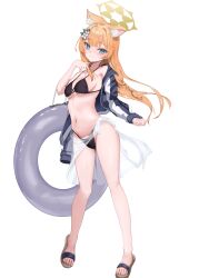 Rule 34 | 1girl, absurdres, animal ear fluff, bikini, black bikini, blue archive, blue eyes, breasts, commentary request, eco mak1, flower, full body, hair flower, hair ornament, halo, hand on own chest, highres, innertube, jacket, long hair, mari (blue archive), medium breasts, multicolored jacket, open clothes, open jacket, orange hair, parted lips, sandals, sarong, see-through clothes, see-through sarong, simple background, smile, solo, swim ring, swimsuit, two-tone jacket, white background, white flower, yellow halo