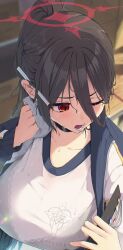 Rule 34 | 1girl, black hair, blue archive, blue jacket, blush, breasts, clipboard, hair between eyes, hasu202mm, hasumi (blue archive), hasumi (track) (blue archive), highres, holding, holding clipboard, holding towel, jacket, large breasts, long bangs, long hair, official alternate costume, official alternate hairstyle, one eye closed, open mouth, ponytail, shirt, solo, sweat, towel, white shirt, wiping sweat