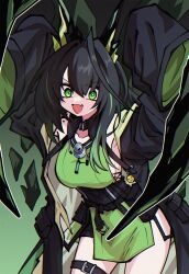 1girl absurdres ahoge arknights arms_up belt black_hair black_jacket breasts cowboy_shot detached_collar dress dryegen emoji fang gradient_background green_background green_dress green_eyes green_hair highres jacket looking_at_viewer medium_hair mon3tr_(arknights) multicolored_hair open_mouth personification sideboob skin_fang sleeves_past_fingers sleeves_past_wrists solo streaked_hair thigh_belt thigh_strap