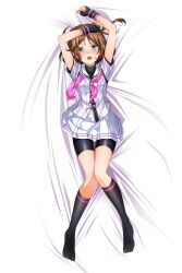 Rule 34 | 1girl, arms up, baseball uniform, bike shorts under skirt, black gloves, black shorts, black socks, black undershirt, blush, braid, brown hair, cinderella series, dakimakura (medium), embarrassed, fingerless gloves, from above, full body, gloves, green eyes, hachigatsu no cinderella nine, highres, kakehashi momoko, kneehighs, lying, navel, neckerchief, no shoes, nyanmaru, on back, on bed, open mouth, pink neckerchief, pleated skirt, sailor collar, satogahama baseball uniform, shirt, shirt under shirt, short hair, short sleeves, shorts, side braid, single braid, skirt, socks, solo, sportswear, striped clothes, striped shirt, teeth, undone neckerchief, upper teeth only, vertical-striped clothes, vertical-striped shirt, white sailor collar, wristband