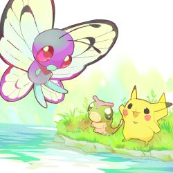 absurdres antennae black_eyes bright_pupils bug butterfly butterfree caterpie colored_sclera fang faunakichi flying gen_1_pokemon grass highres insect nintendo no_humans pikachu pink_eyes pokemon pokemon_(creature) smile water waving white_pupils wings yellow_sclera