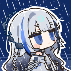 Rule 34 | 1girl, blue eyes, blue hair, chibi, chibi only, chinese commentary, cui pi zha xia qiu, darkstar hubble (neural cloud), girls&#039; frontline, girls&#039; frontline neural cloud, grey hair, grey shirt, hubble (neural cloud), long hair, official art, outline, rain, second-party source, shirt, solo, white outline