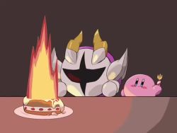 animated blush_stickers cake colored_skin fire food fork galacta_knight gloves horns kirby kirby_(series) kirby_super_star_ultra mask nintendo no_humans pauldrons pink_skin plate re38433 shoulder_armor solid_oval_eyes video