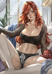 1girl blush breasts green_eyes highres large_breasts long_hair looking_at_viewer marvel mary_jane_watson navel red_hair shorts spider-man spider-man_(series) spider-man_logo thighhighs toy whails