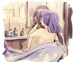 2girls asahina_mafuyu bathing bathtub black_skirt brown_hair brown_shirt closed_eyes clothed_female_nude_female commentary hand_on_another&#039;s_face indoors kiss long_hair mermaid monster_girl multiple_girls niigouki nude ponytail project_sekai purple_hair shampoo_bottle shinonome_ena shirt short_hair skirt symbol-only_commentary wet yuri