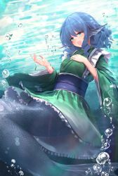 1girl air_bubble blue_eyes blue_hair blue_sash blush breasts bubble dappled_sunlight fins frilled_kimono frills full_body green_kimono hand_on_own_chest head_fins japanese_clothes kimono long_sleeves medium_hair mermaid monster_girl obi obijime open_mouth sash smile solo sunlight teruteru12 touhou underwater wakasagihime wide_sleeves