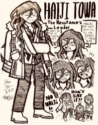 ... 1boy 2girls absurdres ahoge antenna_hair bandage_on_face bandages cast chain character_name closed_mouth danganronpa_(series) danganronpa_another_episode:_ultra_despair_girls dated doodle_inset english_text facial_hair fukawa_toko full_body greyscale hatching_(texture) highres jacket josh-s26 long_hair long_sleeves male_focus monochrome multiple_girls multiple_views naegi_komaru neckerchief open_clothes open_jacket open_mouth pants school_uniform serafuku shirt short_hair short_sleeves signature simple_background skirt speech_bubble standing sweat teeth torn_clothes torn_pants upper_teeth_only v-shaped_eyebrows white_background