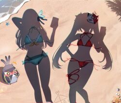 2girls ai_ai_gasa beach bikini blush cellphone clam commentary cross-laced_bikini cross-laced_clothes day drawing_on_sand dressed_shadow_(meme) english_commentary feet female_pov firefly_(honkai:_star_rail) fox_mask front-tie_bikini_top front-tie_top green_bikini green_nails hair_ribbon halterneck highres holding holding_phone honkai:_star_rail honkai_(series) long_hair mask meme multiple_girls nail_polish origami_bird_(honkai:_star_rail) outdoors phone pov pov_legs pov_shadow ranran_3939 red_bikini red_nails ribbon sand shadow signature smartphone starfish swimsuit thigh_strap toenail_polish toenails trailblazer_(honkai:_star_rail) trailblazer_(trailbirder)_(honkai:_star_rail) twintails twitter_username unworn_bikini unworn_mask