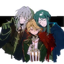 1boy 2girls bari_(project_moon) blonde_hair blue_hair cropped_torso don_quixote_(project_moon) food frown grey_hair jingshenhuanghu la_manchaland&#039;s_don_quixote_(project_moon) limbus_company long_hair multiple_girls popcorn project_moon red_eyes sancho_(project_moon) short_hair sidelocks sleeping sleeping_on_person smile sweatdrop