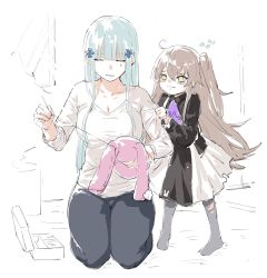 2girls aged_down ahoge alternate_costume breasts brown_hair cleavage closed_eyes commentary_request crying crying_with_eyes_open doll girls&#039;_frontline highres hk416_(girls&#039;_frontline) large_breasts multiple_girls needle official_alternate_costume rabbit sad sewing sewing_needle shinoe_nun side_ponytail silver_hair tears ump45_(agent_lop_rabbit)_(girls&#039;_frontline) ump45_(girls&#039;_frontline) yellow_eyes