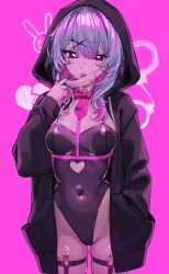 1girl black_jacket black_leotard blue_hair breasts clothing_cutout cowboy_shot cutout_above_navel hand_in_pocket hatsune_miku heart_cutout highres jacket leotard mask medium_breasts medium_hair mouth_mask multicolored_hair navel pink_background pink_hair rabbit_hole_(vocaloid) simple_background skindentation solo spaghetti_strap streaked_hair surgical_mask teardrop_facial_mark thigh_strap tongue tongue_out two-tone_hair vocaloid waytok