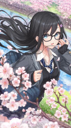 1girl absurdres bag black-framed_eyewear black_cardigan black_hair blue_eyes blue_necktie branch cardigan cherry_blossoms collared_shirt commentary_request diagonal-striped_clothes diagonal-striped_necktie dress_shirt floating_hair flower glasses grey_skirt hair_flower hair_ornament hairclip hand_up highres kamome_yuu long_hair long_sleeves looking_at_viewer necktie original parted_lips pink_flower plaid_clothes plaid_skirt pleated_skirt purple_flower river school_bag school_uniform shirt skirt sleeves_past_wrists solo striped_clothes very_long_hair water white_shirt