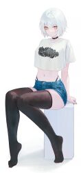 1girl alternate_costume anby_demara arms_behind_back black_choker black_thighhighs choker closed_mouth denim expressionless flippy_(cripine111) full_body highres looking_at_viewer midriff navel no_shoes shirt short_hair short_sleeves simple_background sitting solo thighhighs white_background white_hair white_shirt zenless_zone_zero