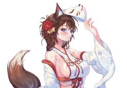 Rule 34 | 1girl, absurdres, animal ears, artist request, bare shoulders, blue eyes, bow, breasts, brown hair, closed mouth, commentary request, commission, crop top, detached sleeves, flower, fox ears, fox mask, fox tail, hair flower, hair ornament, hand up, highres, korean commentary, long hair, looking at viewer, mask, mask on head, midriff, navel, nontraditional miko, original, red bow, revealing clothes, second-party source, shirt, sideboob, simple background, sleeveless, sleeveless shirt, smile, solo, tail, takamiya keika, upper body, white background, white shirt, wide sleeves